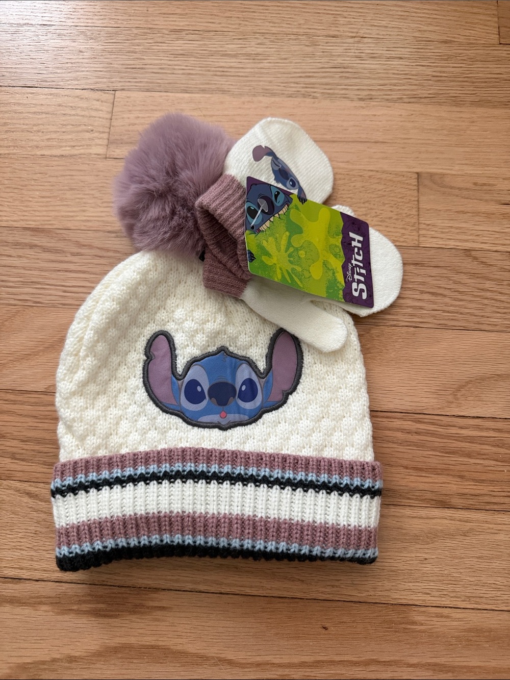 Disney Stitch Cream Knit Beanie with Mauve Pom & Mittens